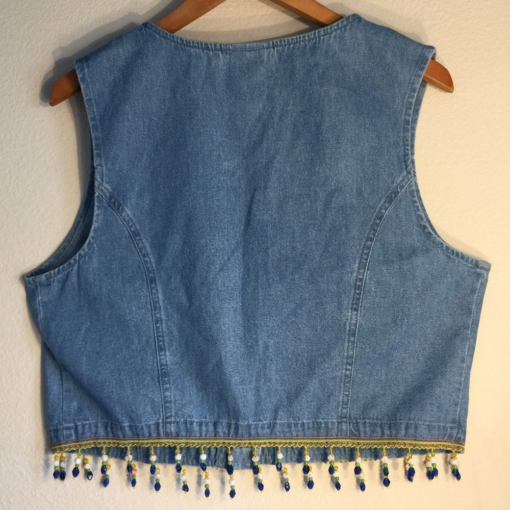 1990s Y2K Nancy Bolen Crop Denim Vest | Embroidered Beaded Western Style Sz 12 - Picture 2 of 8